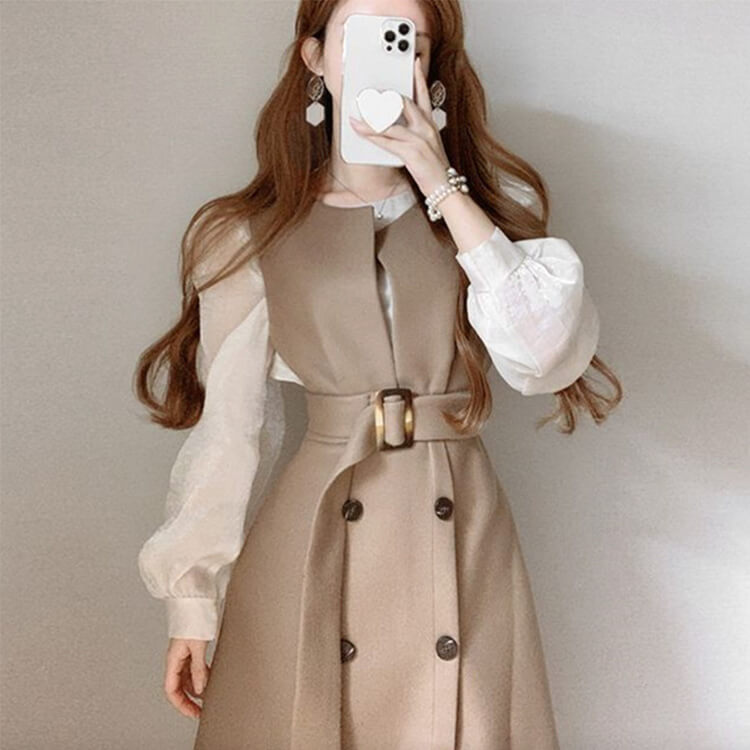 トレンチコート風 ノースリーブ ミモレ丈 ワンピース