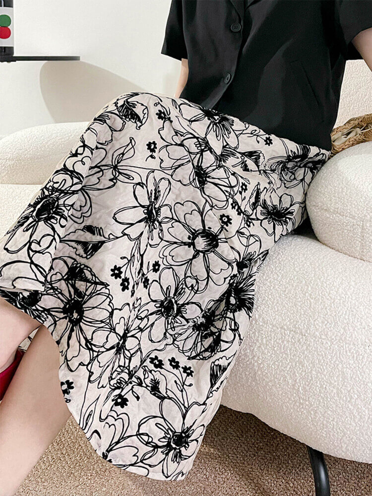 Ａライン 花柄刺繍 ミモレ丈 スカート