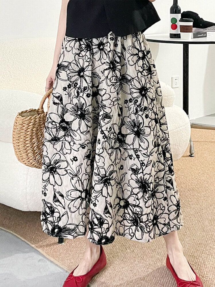 Ａライン 花柄刺繍 ミモレ丈 スカート