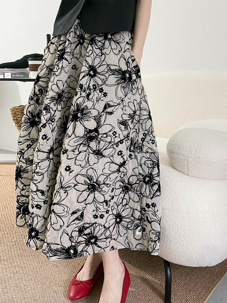 Ａライン 花柄刺繍 ミモレ丈 スカート