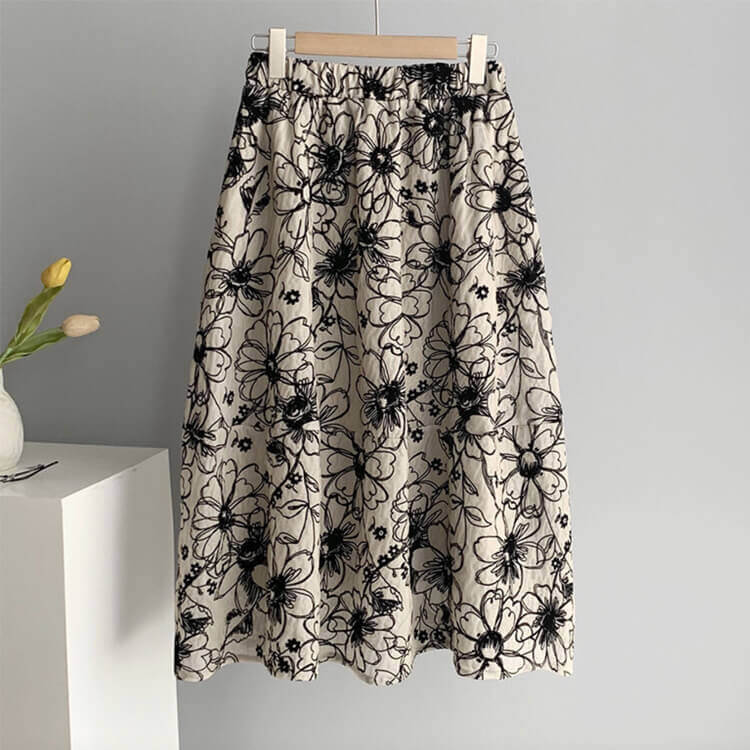 Ａライン 花柄刺繍 ミモレ丈 スカート