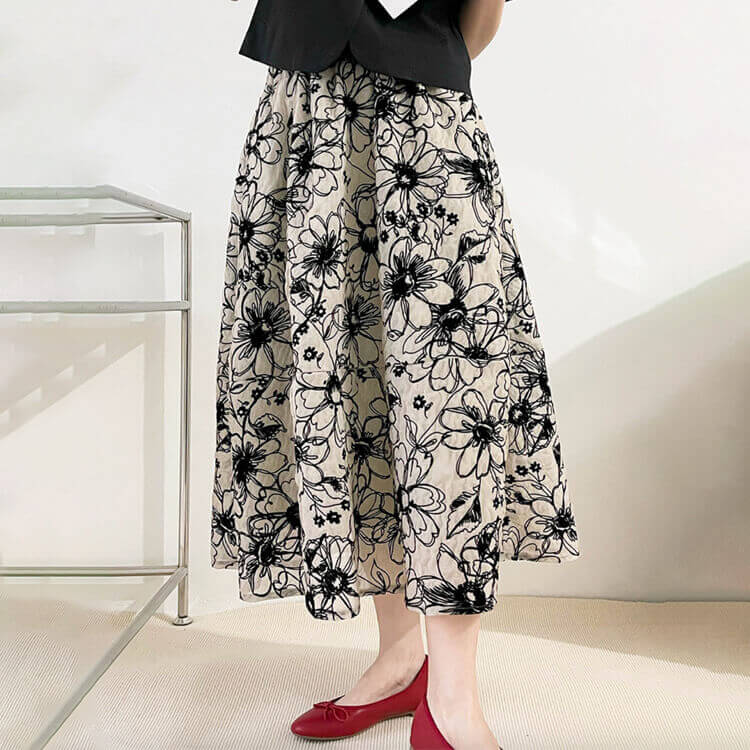 Ａライン 花柄刺繍 ミモレ丈 スカート