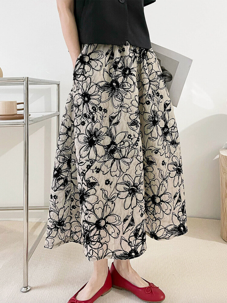 Ａライン 花柄刺繍 ミモレ丈 スカート