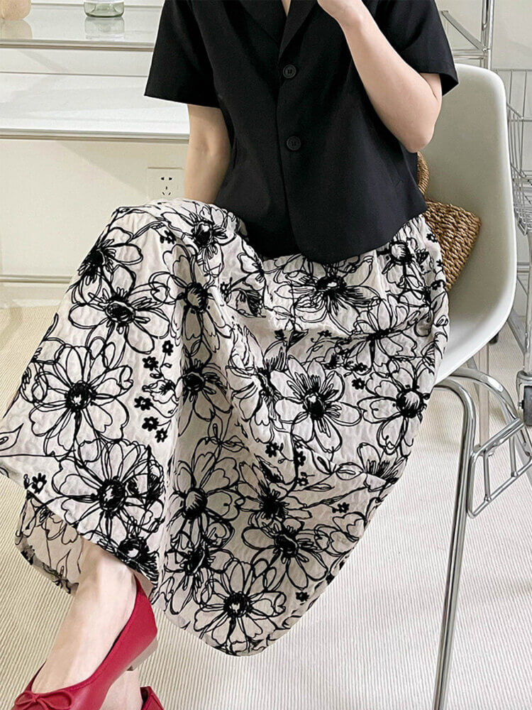 Ａライン 花柄刺繍 ミモレ丈 スカート