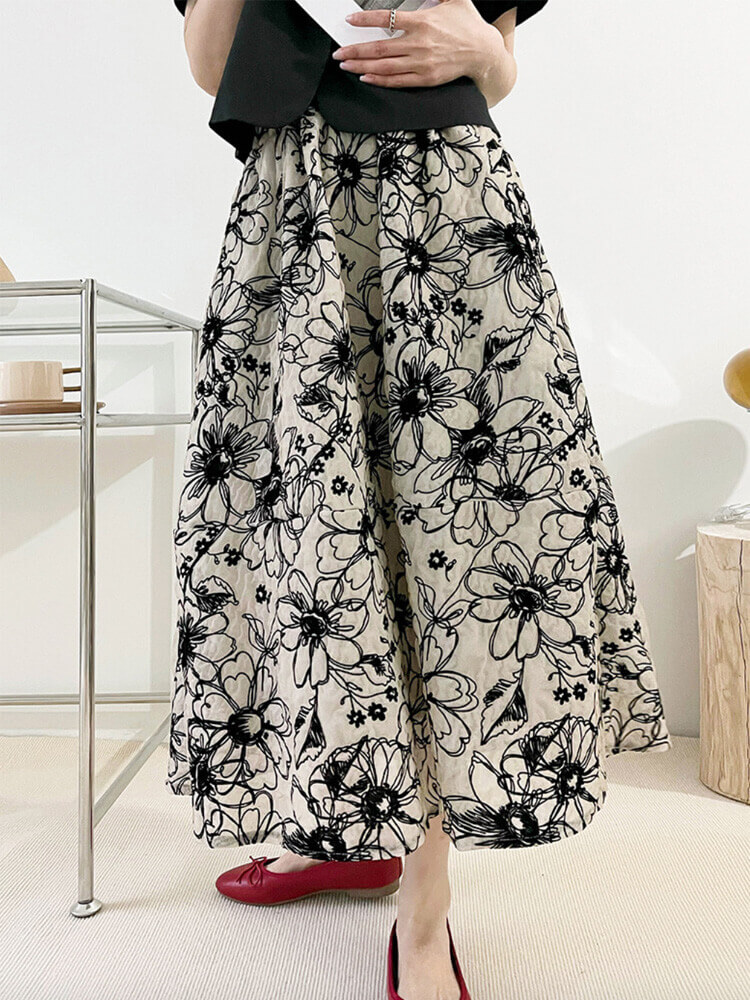 Ａライン 花柄刺繍 ミモレ丈 スカート