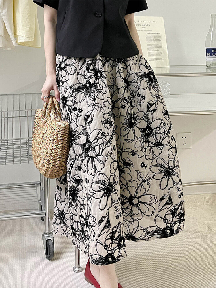 Ａライン 花柄刺繍 ミモレ丈 スカート