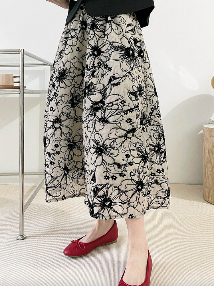 Ａライン 花柄刺繍 ミモレ丈 スカート