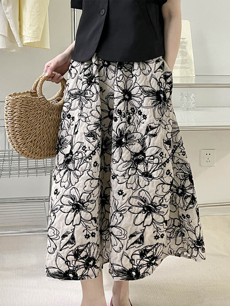 Ａライン 花柄刺繍 ミモレ丈 スカート