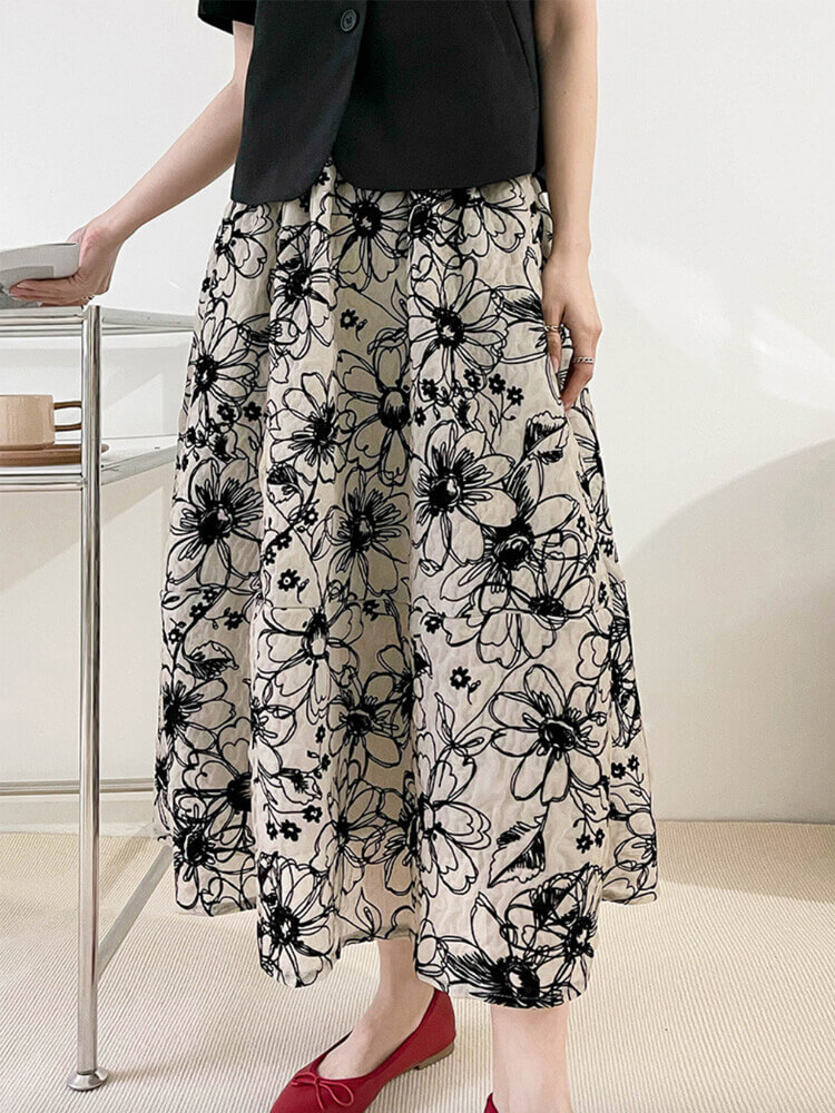 Ａライン 花柄刺繍 ミモレ丈 スカート