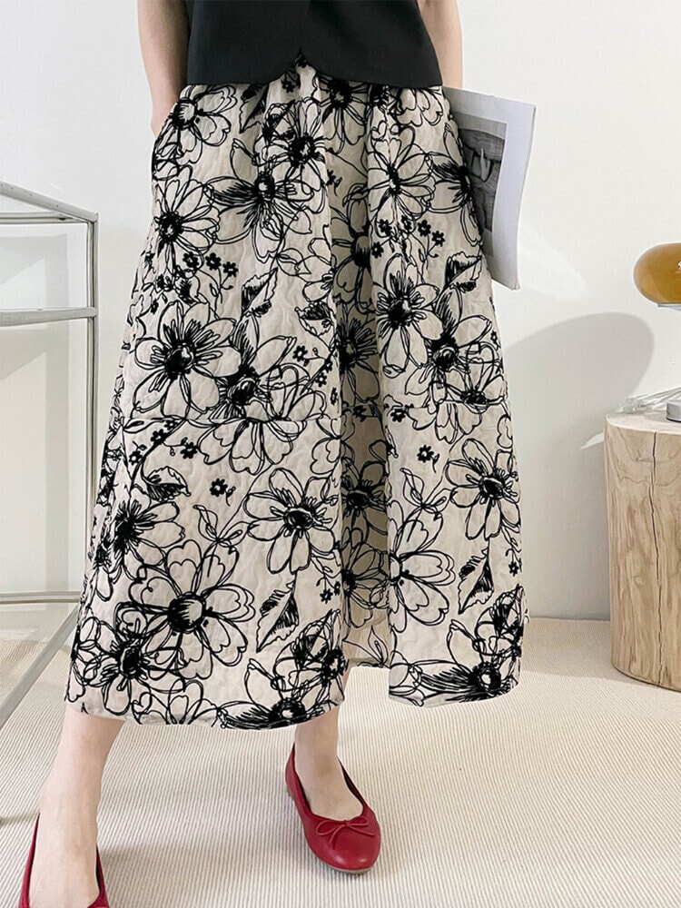 Ａライン 花柄刺繍 ミモレ丈 スカート