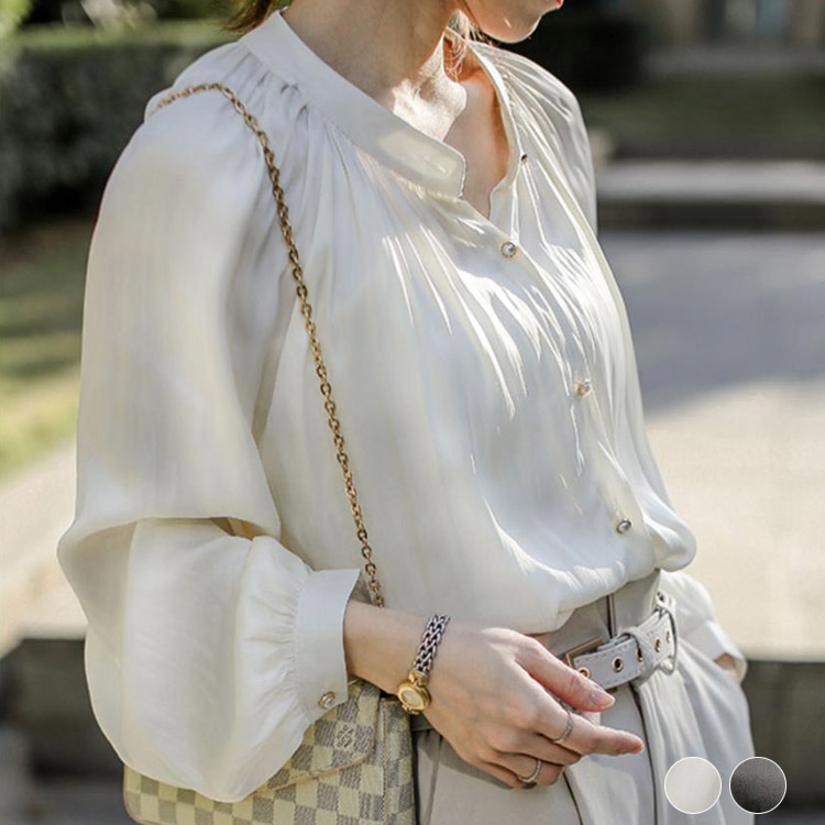 つや感 スタンドカラー サテン ブラウス