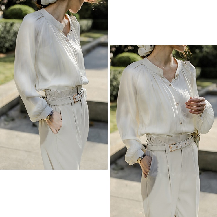 つや感 スタンドカラー サテン ブラウス