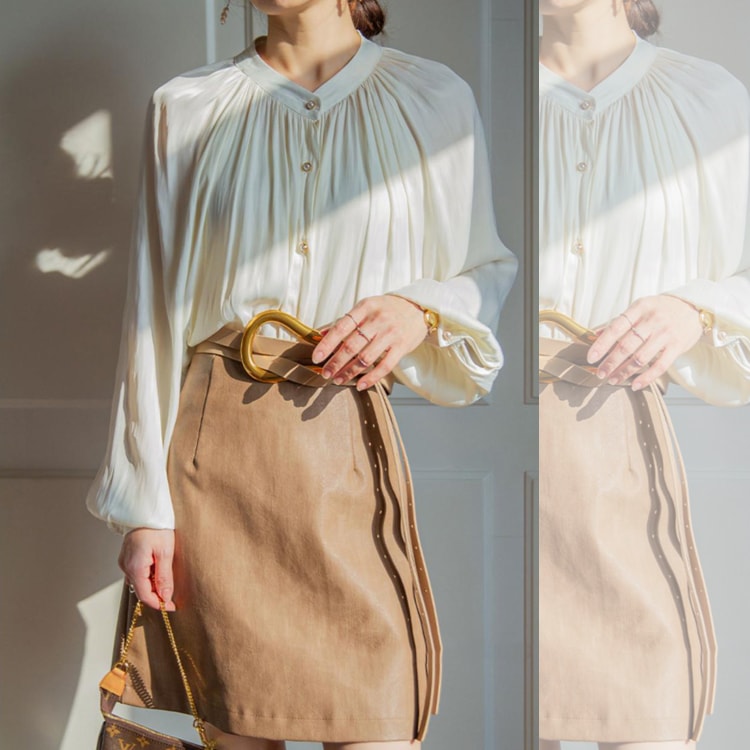 つや感 スタンドカラー サテン ブラウス