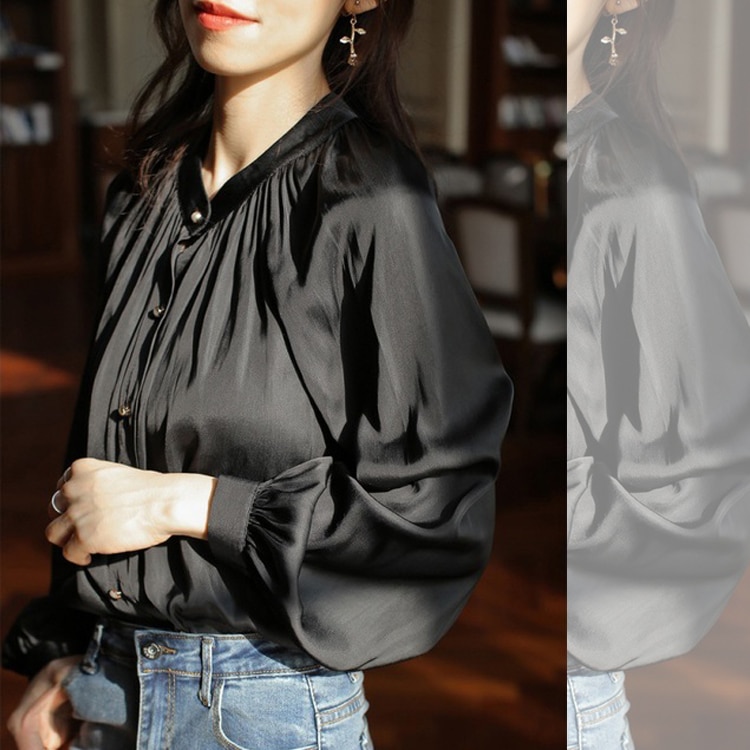 つや感 スタンドカラー サテン ブラウス