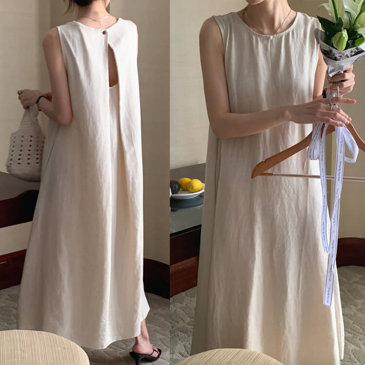 バックシャン 背中みせ Ａライン ノースリーブ ワンピース