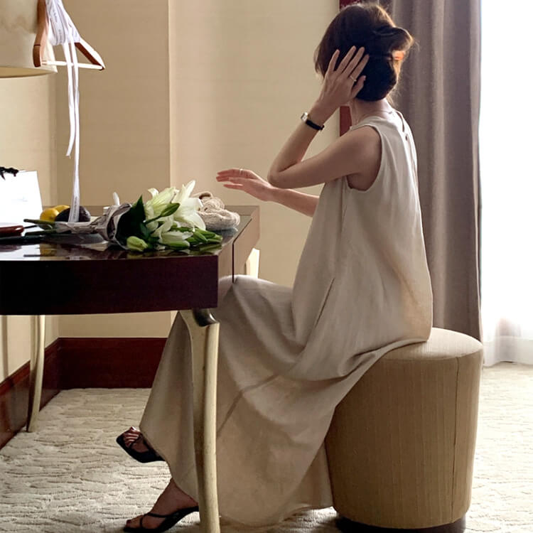 バックシャン 背中みせ Ａライン ノースリーブ ワンピース