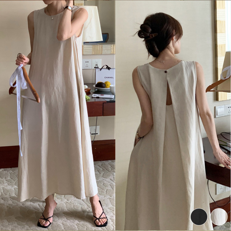 バックシャン 背中みせ Ａライン ノースリーブ ワンピース