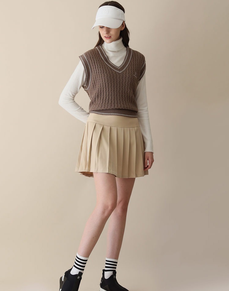 バイカラー Vネック ケーブルニット ベスト 韓国ゴルフウェア