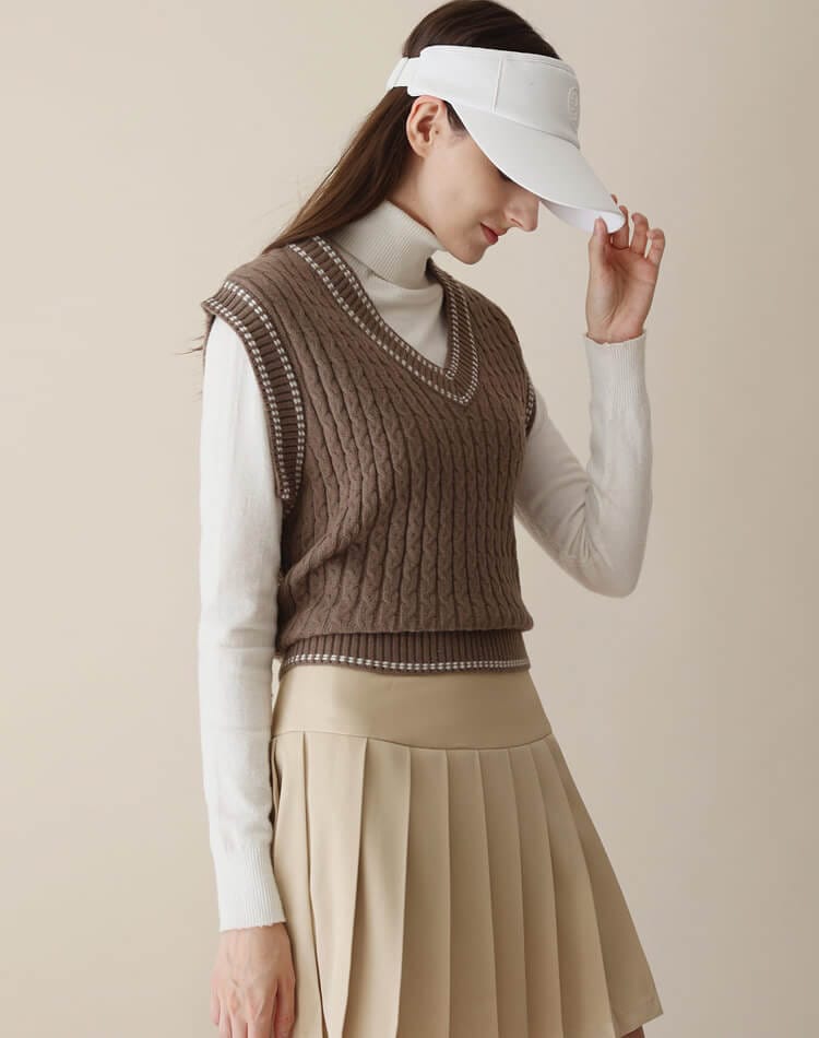 バイカラー Vネック ケーブルニット ベスト 韓国ゴルフウェア
