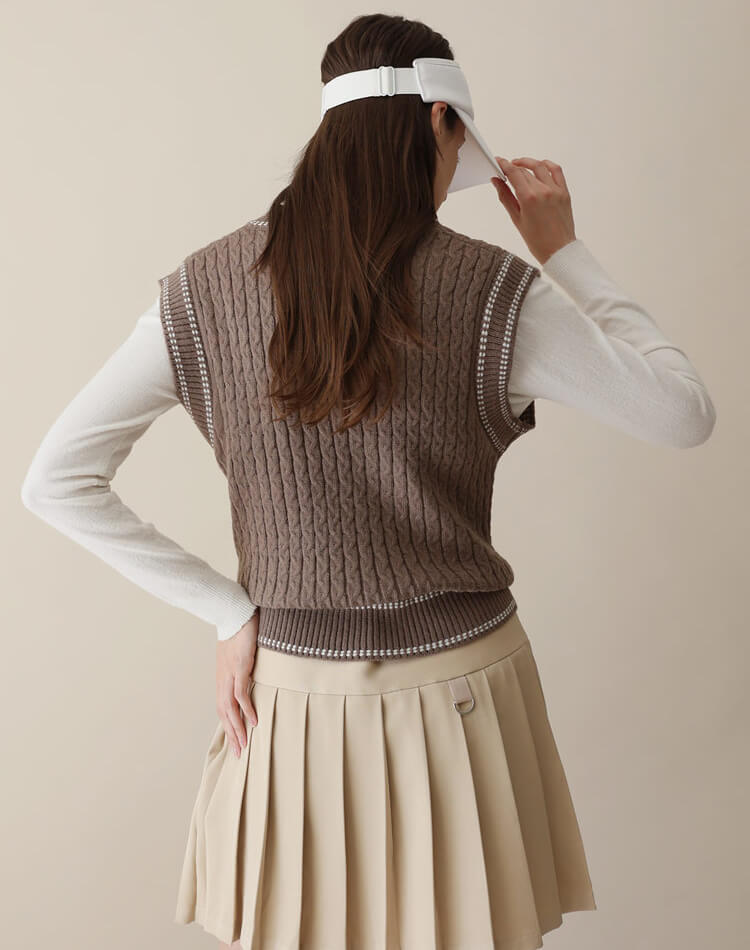 バイカラー Vネック ケーブルニット ベスト 韓国ゴルフウェア