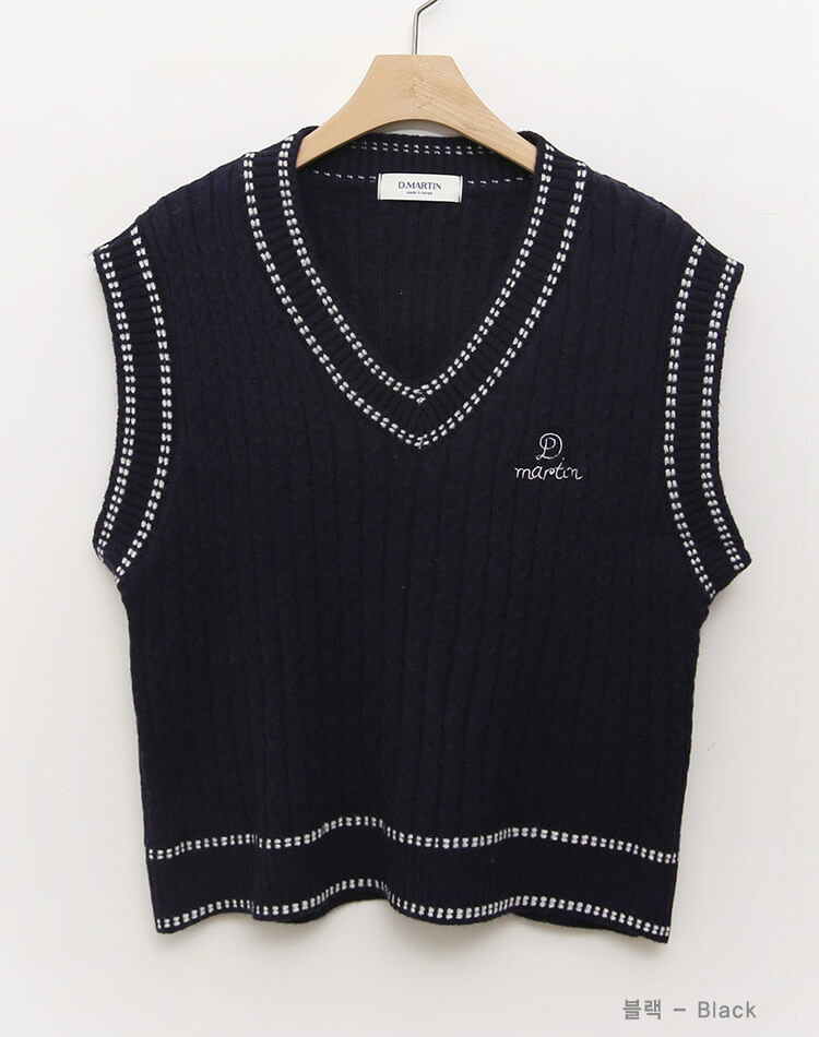 バイカラー Vネック ケーブルニット ベスト 韓国ゴルフウェア