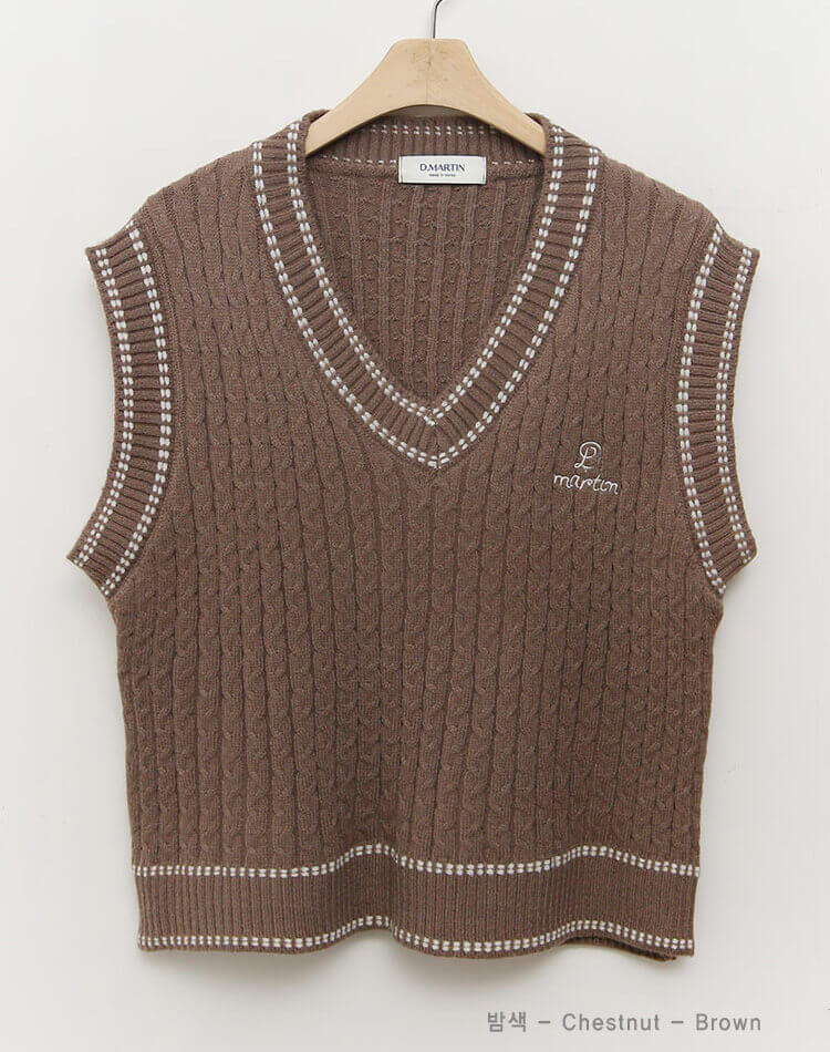 バイカラー Vネック ケーブルニット ベスト 韓国ゴルフウェア