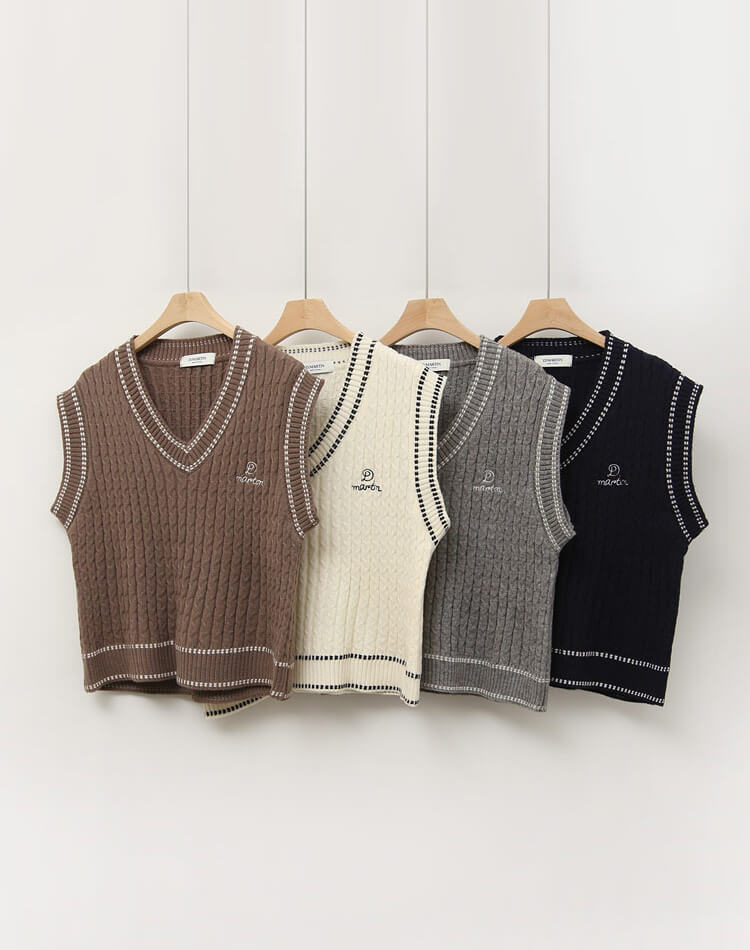 バイカラー Vネック ケーブルニット ベスト 韓国ゴルフウェア