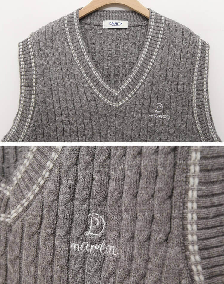 バイカラー Vネック ケーブルニット ベスト 韓国ゴルフウェア