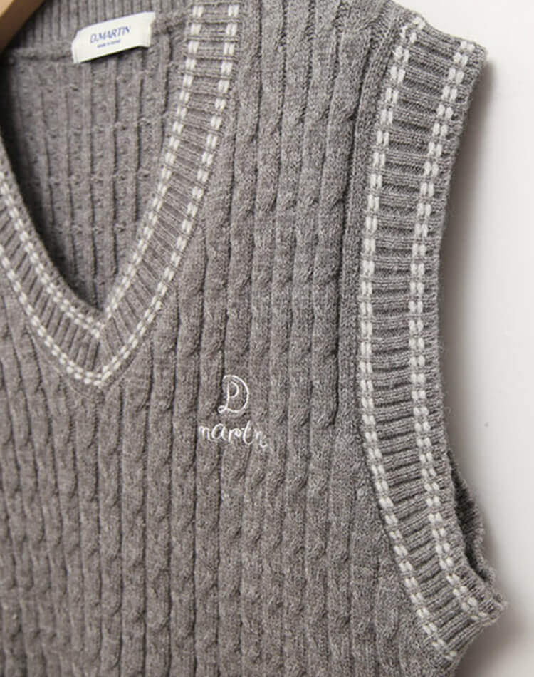 バイカラー Vネック ケーブルニット ベスト 韓国ゴルフウェア