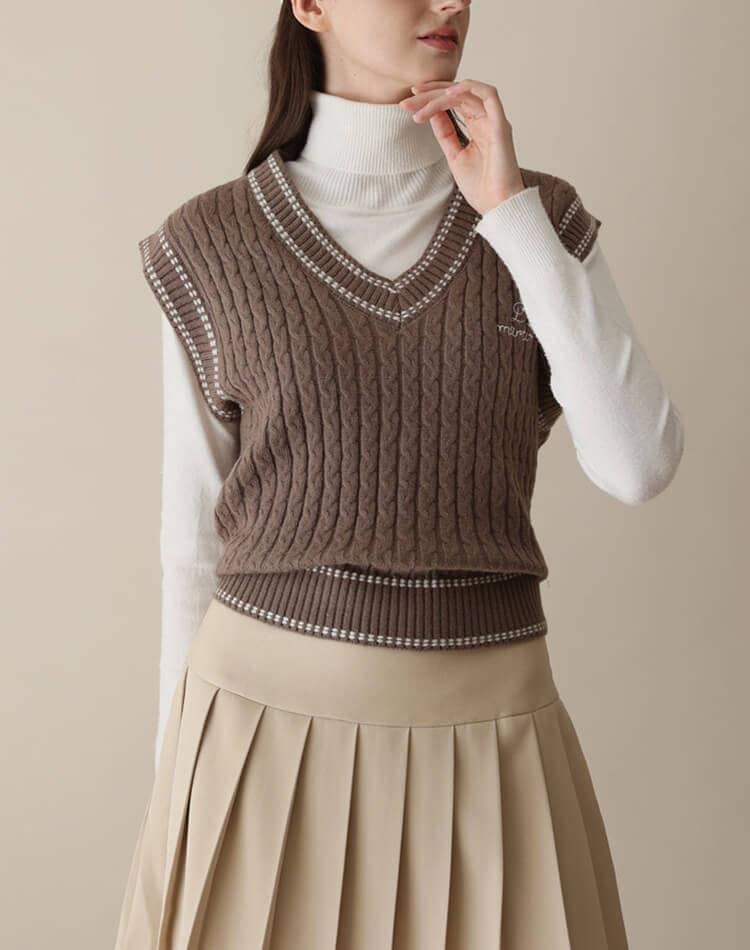 バイカラー Vネック ケーブルニット ベスト 韓国ゴルフウェア