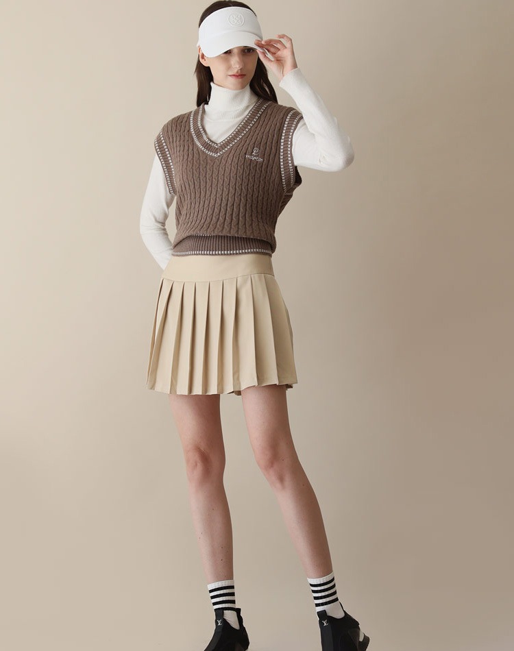 バイカラー Vネック ケーブルニット ベスト 韓国ゴルフウェア