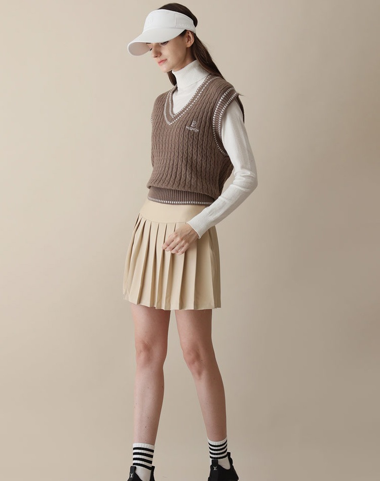 バイカラー Vネック ケーブルニット ベスト 韓国ゴルフウェア