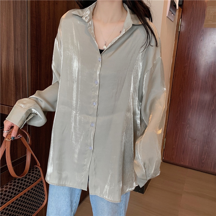 ツヤ感 サテン 長袖 ブラウス