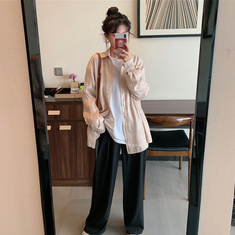 ツヤ感 サテン 長袖 ブラウス