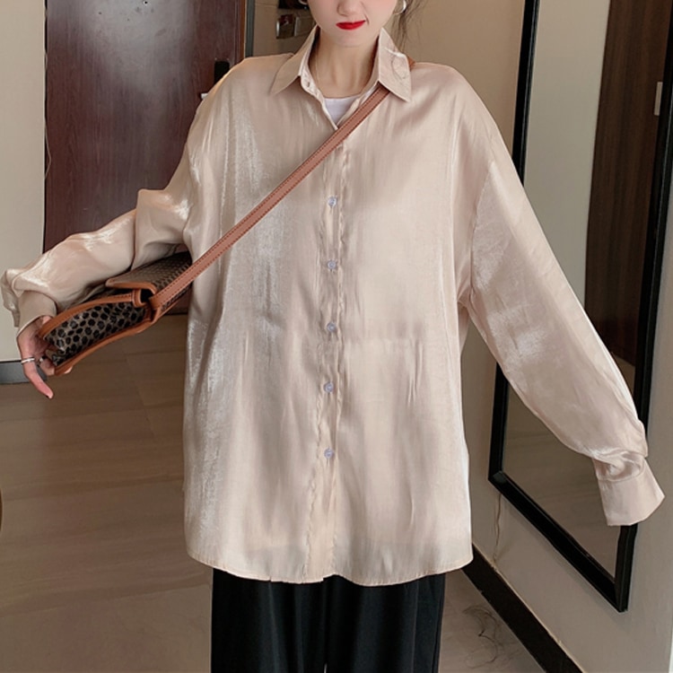 ツヤ感 サテン 長袖 ブラウス