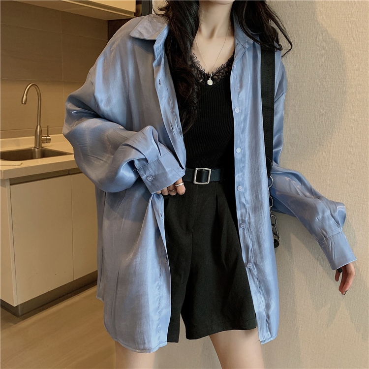 ツヤ感 サテン 長袖 ブラウス