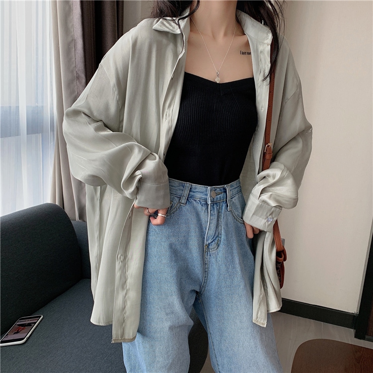 ツヤ感 サテン 長袖 ブラウス