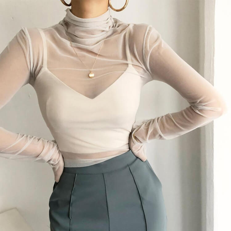 シンプル シースルー ハイネック 長袖 インナー