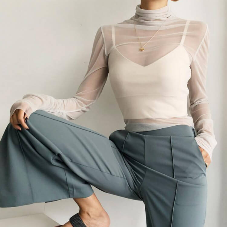 シンプル シースルー ハイネック 長袖 インナー