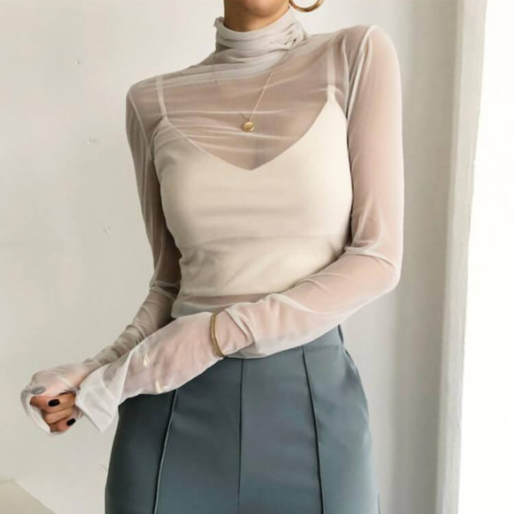 シンプル シースルー ハイネック 長袖 インナー