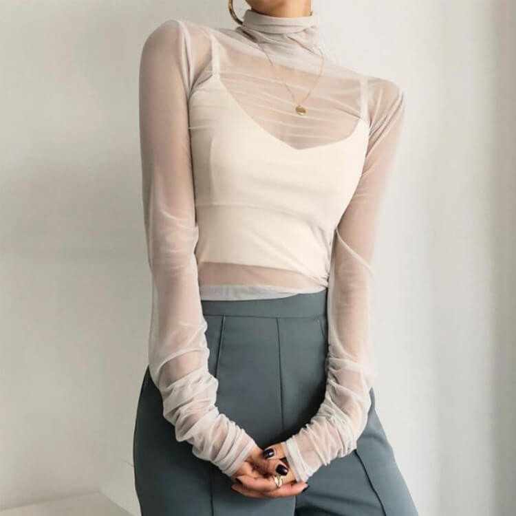 シンプル シースルー ハイネック 長袖 インナー