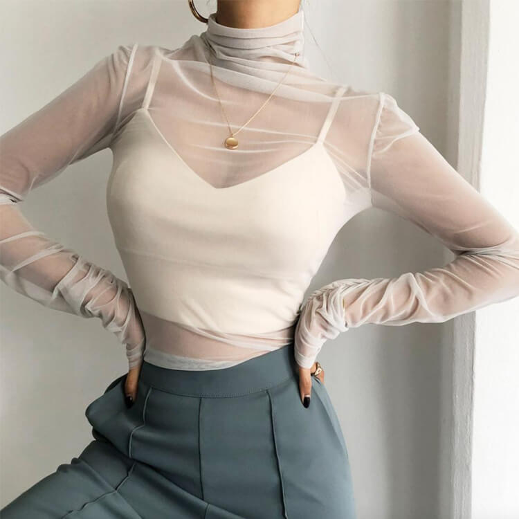 シンプル シースルー ハイネック 長袖 インナー