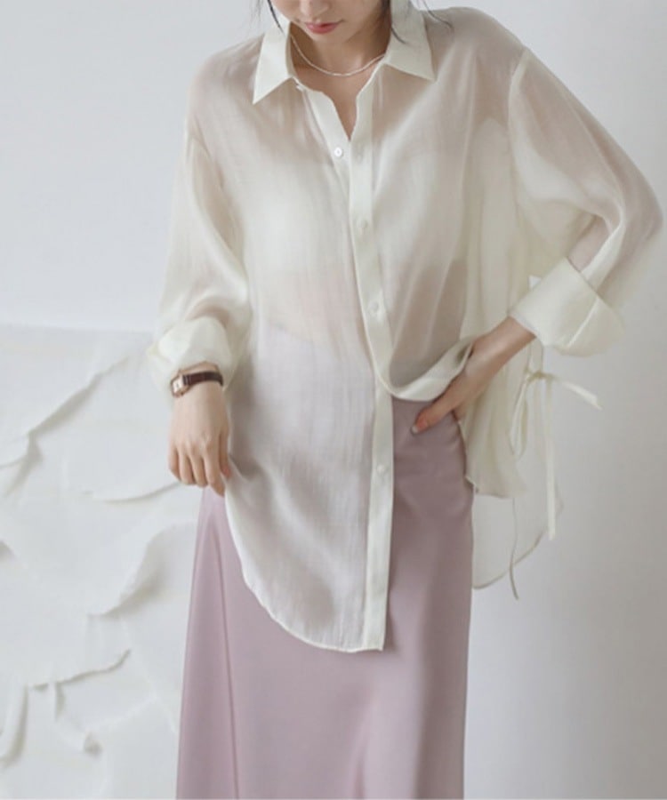 サイドリボン シースルー 長袖 シフォンブラウス