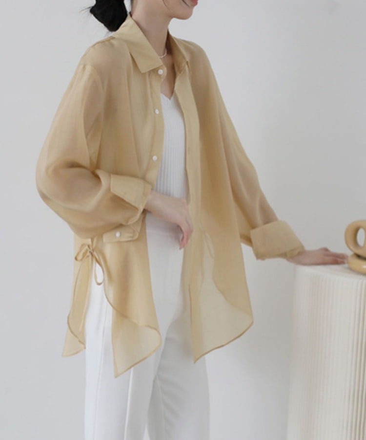 サイドリボン シースルー 長袖 シフォンブラウス