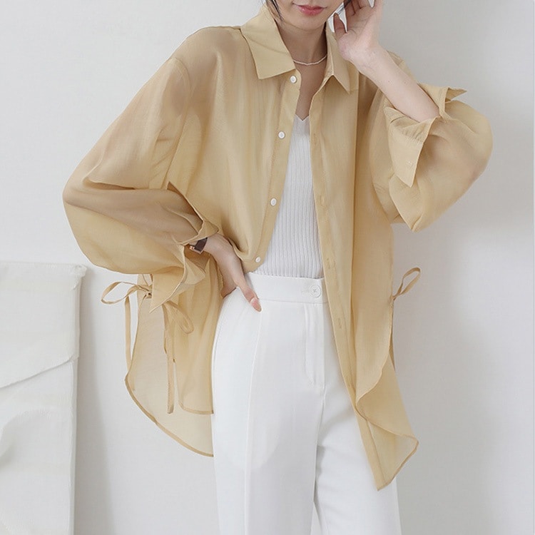サイドリボン シースルー 長袖 シフォンブラウス