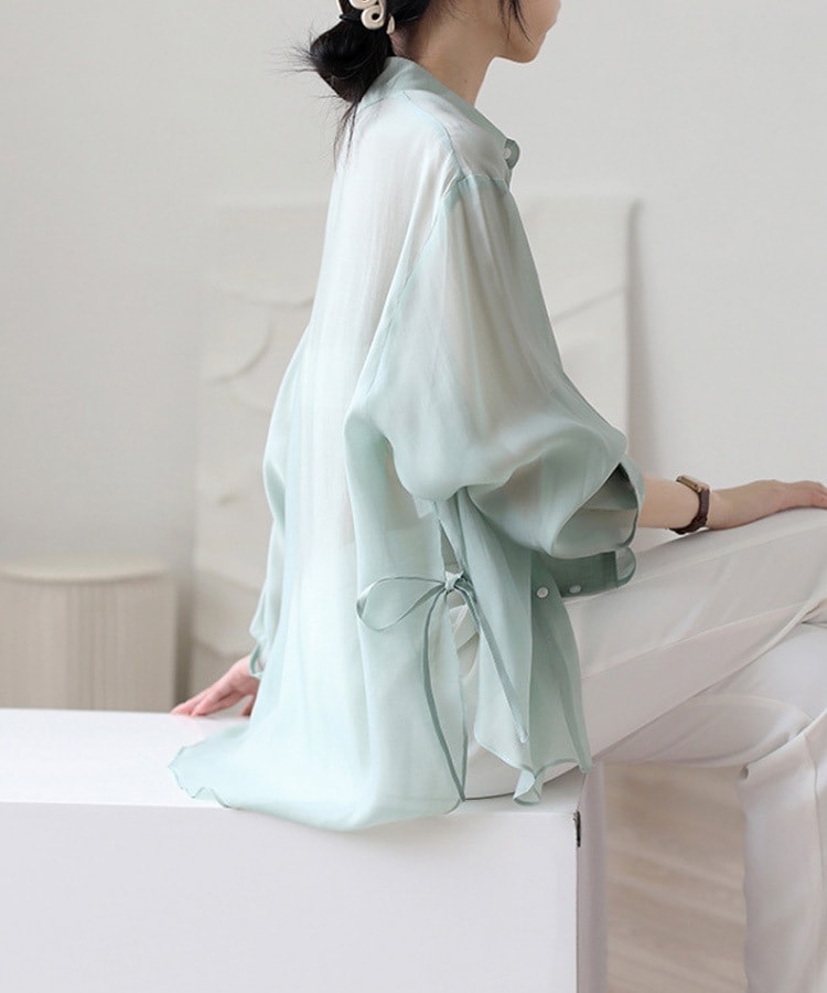 サイドリボン シースルー 長袖 シフォンブラウス