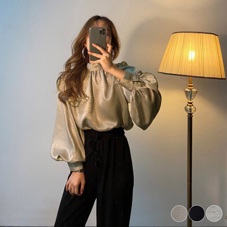 ボリューム袖 ハイネック サテンブラウス