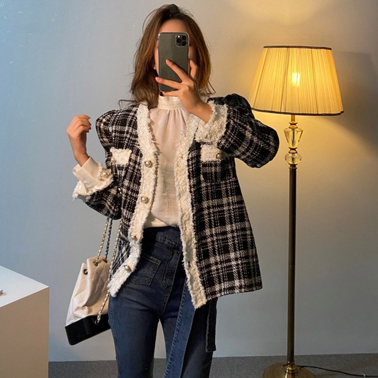 ボリューム袖 ハイネック サテンブラウス