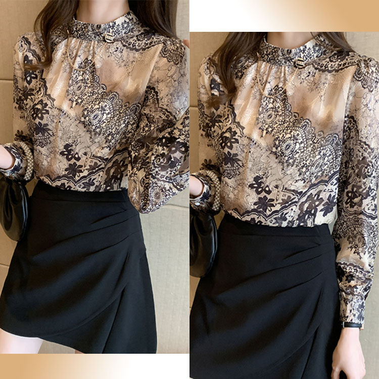 レース柄プリント モックネック 長袖ブラウス