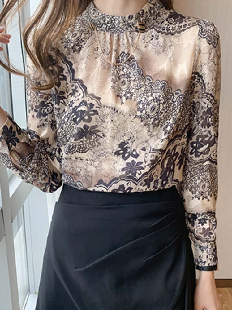 レース柄プリント モックネック 長袖ブラウス
